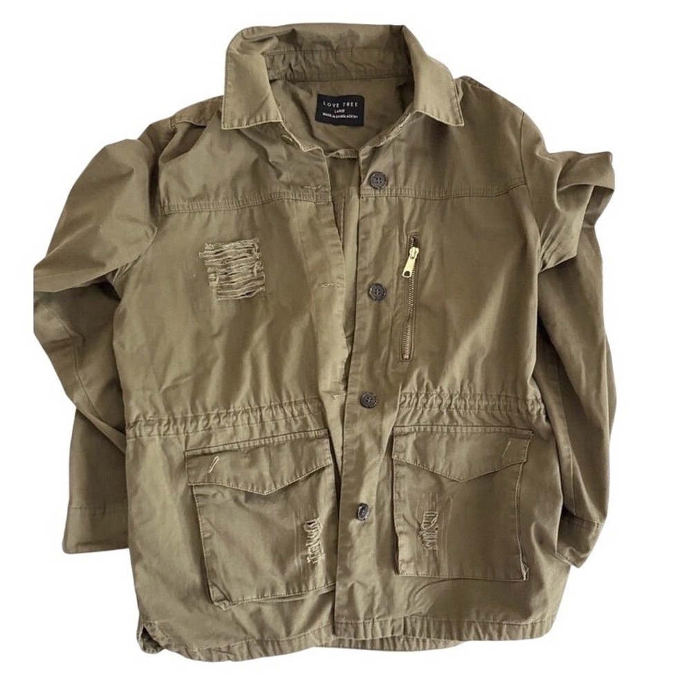 100% Cotton Distressed Olive Green Gorpcore Utility Jacket Size Large